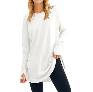 Tankaneo Women's Casual Long Sleeve Tops Crew Neck Round Hem Loose T-Shirts Tunic Tops with Thumb Holes