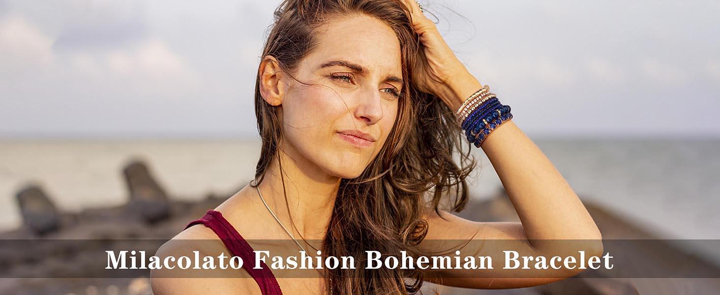 MILACOLATO 4 Sets Boho Bracelets for Women Multi-Color Layered Stackable Natural Beaded Bracelets Adjustable Stretch Bohemian Bracelets Elegant Bangle