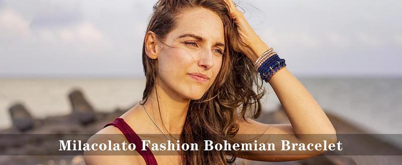 MILACOLATO 4 Sets Boho Bracelets for Women Multi-Color Layered Stackable Natural Beaded Bracelets Adjustable Stretch Bohemian Bracelets Elegant Bangle