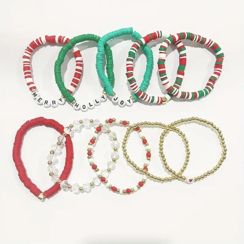 MANY [Christmas Holiday Bracelet Set] 10-Pack Festive Polymer Clay Heishi Stretch Bracelets with Joyful Messages Plastic Bead Jewelry Gift for Women Seasonal Party Accessories