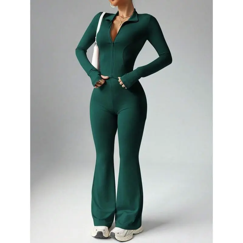 2026 New Women's Solid Color Long Sleeve Zipper Jacket and Flared Pants Sports Set