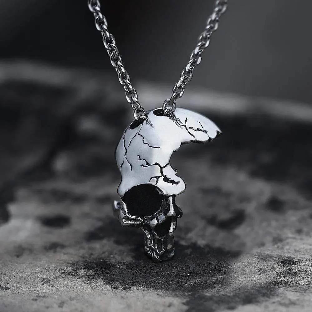 GTHIC Gothic Damaged Half-Face Skull Stainless Steel Pendant Necklace - Hard, Mysterious, Unique Biker Eternity Jewelry Gift for Men Women (Birthday, Mother's Day), Eco-Friendly, Damaged Look