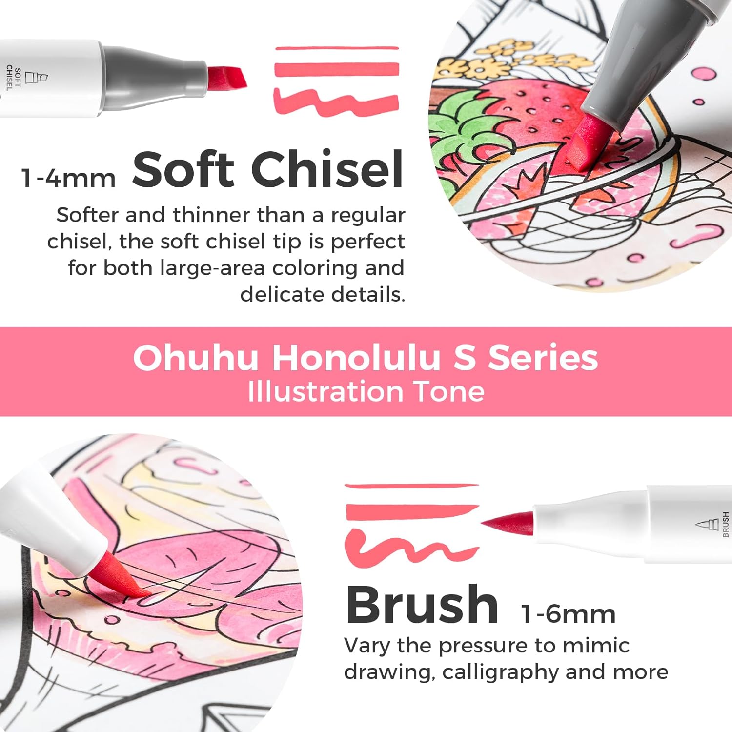 Ohuhu Soft Chisel Alcohol Markers Red Dot Design Award Winner Brush & Soft Chisel Dual Tips Drawing Markers for Artist Beginner Adult Coloring Illustration Sketching -Honolulu S - 24 skin-tone / 48 basic tone / 60 Illustration-color