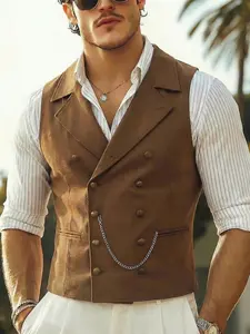 Mens Suit Suede Double Breasted Vest Classic Groomsmen Wedding Waistcoat Leather Big Lapel