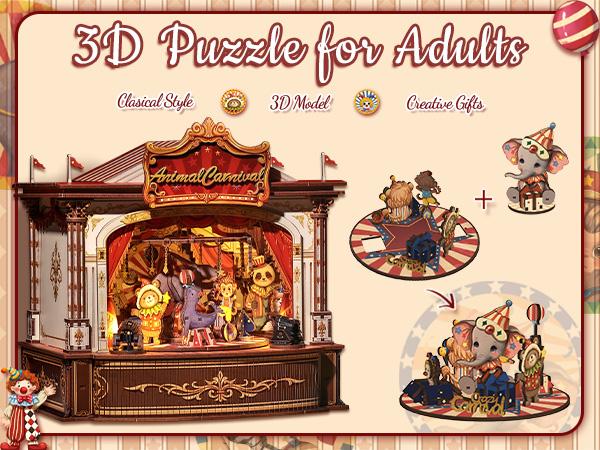 CUTEBEE DIY 3D Puzzle Kit Animal Carnival – Wooden Rotating Miniature Theater Music Box with LED Light, Handmade Creative Home Decor | Holiday, Christmas and Black Friday Gift