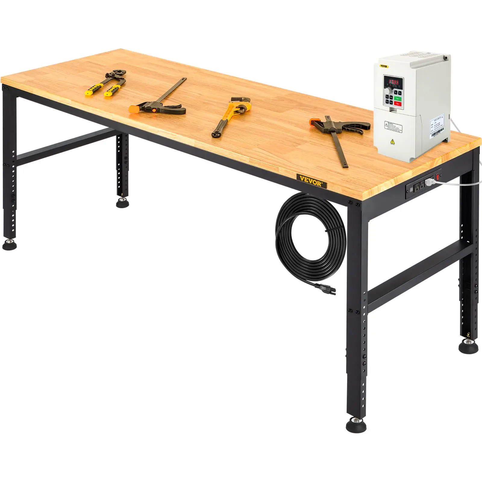 【Summerfinds】VEVOR Adjustable Height Workbench Desk - 61"x20" Freestanding Garage Table, 27.1"-36" Height, 2000 LBS Load Capacity, Hardwood Top, Metal Frame, Foot Pads, Power Outlets, 2 USB-A Ports, Assembly Required for Elderly Workshop & Home, Adjustabl