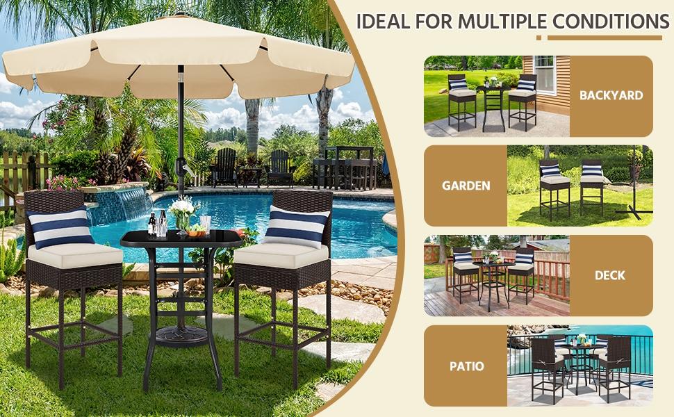 Yaheetech Set of 2 Patio Bar Stools, Outdoor PE Rattan Bar Height Chairs with Cushions & Footrests & Backrest for Indoor, Outdoor, Backyard, Porch, Max.Load 300Lb, Brown/Beige