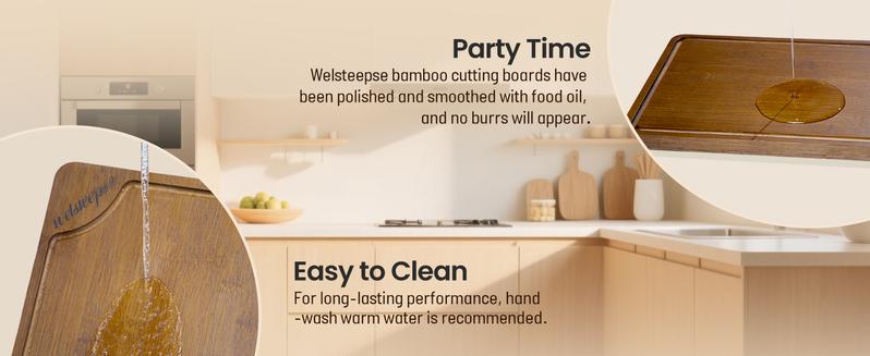 Welsteepse 3-Piece Bamboo Cutting Board Set Extra Large and Thicken Chopping Boards, with Storage Stand, Deep Juice Grooves, Non-Slip Rubber Feet, Double Handles and Premium Gift Box Cheese Boards for Cooking and Hosting