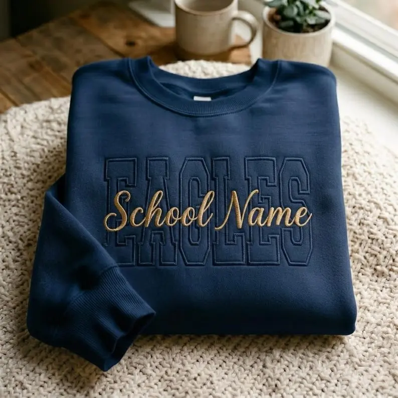 Custom School Name Mascot Sweatshirt, Personalized School Spirit Crewneck, Embroidered Style Mascot Sweatshirt, Custom Team Apparel, School Pride Sweatshirt