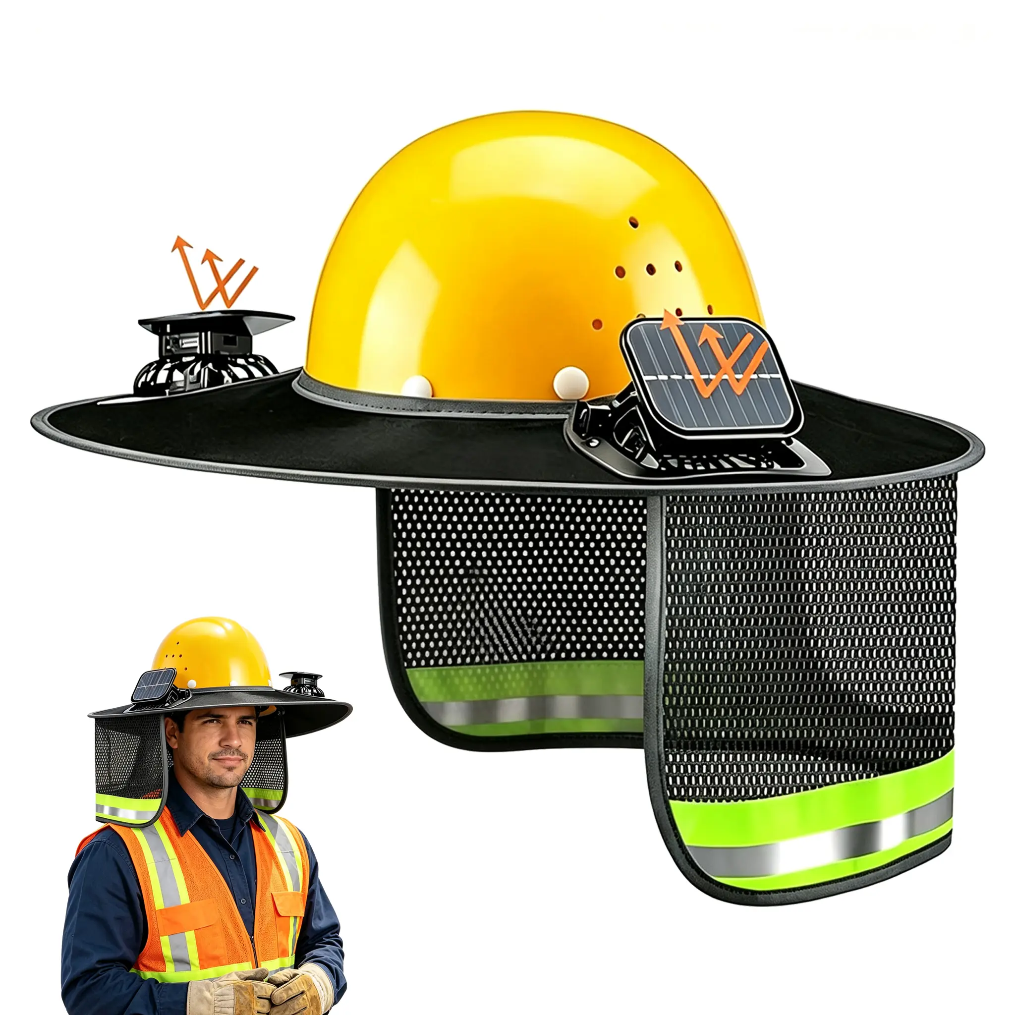 2-Pcs Construction Hard Hat Accessories - Full Brim Hardhat Neck Shield Shade, High Visibility Reflective Visor, Solar Fan-Equipped Hard Hat Add-Ons