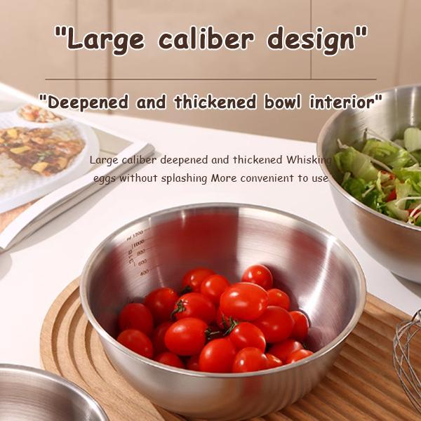 Four-piece mixing bowl set, stackable kitchen bowls with anti-slip bottoms, stackable food preparation bowls suitable for baking, cooking, salad making, dough mixing, stirring, meal preparation, serving and kitchen storage.