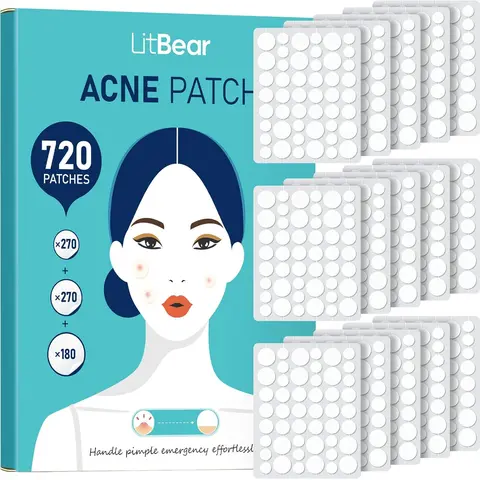 LitBear Acne Patches Bulk Multi-Pack (720 Count, 3 Sizes) - Hydrocolloid Blemish Covers, Peel & Stick, Draws Out Impurities, Gentle, Fast-Removing, Invisible, Sensitive Skin Repair, All Skin Types, Travel Essentials