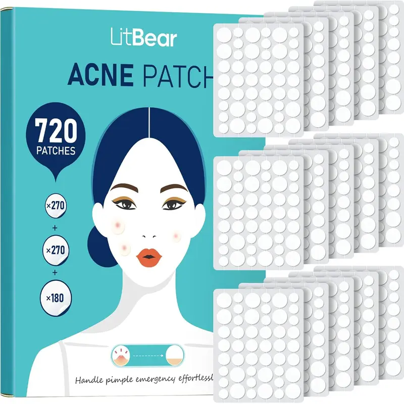 LitBear Acne Patches Bulk Multi-Pack (720 Count, 3 Sizes) - Hydrocolloid Blemish Covers, Peel & Stick, Draws Out Impurities, Gentle, Fast-Removing, Invisible, Sensitive Skin Repair, All Skin Types, Travel Essentials