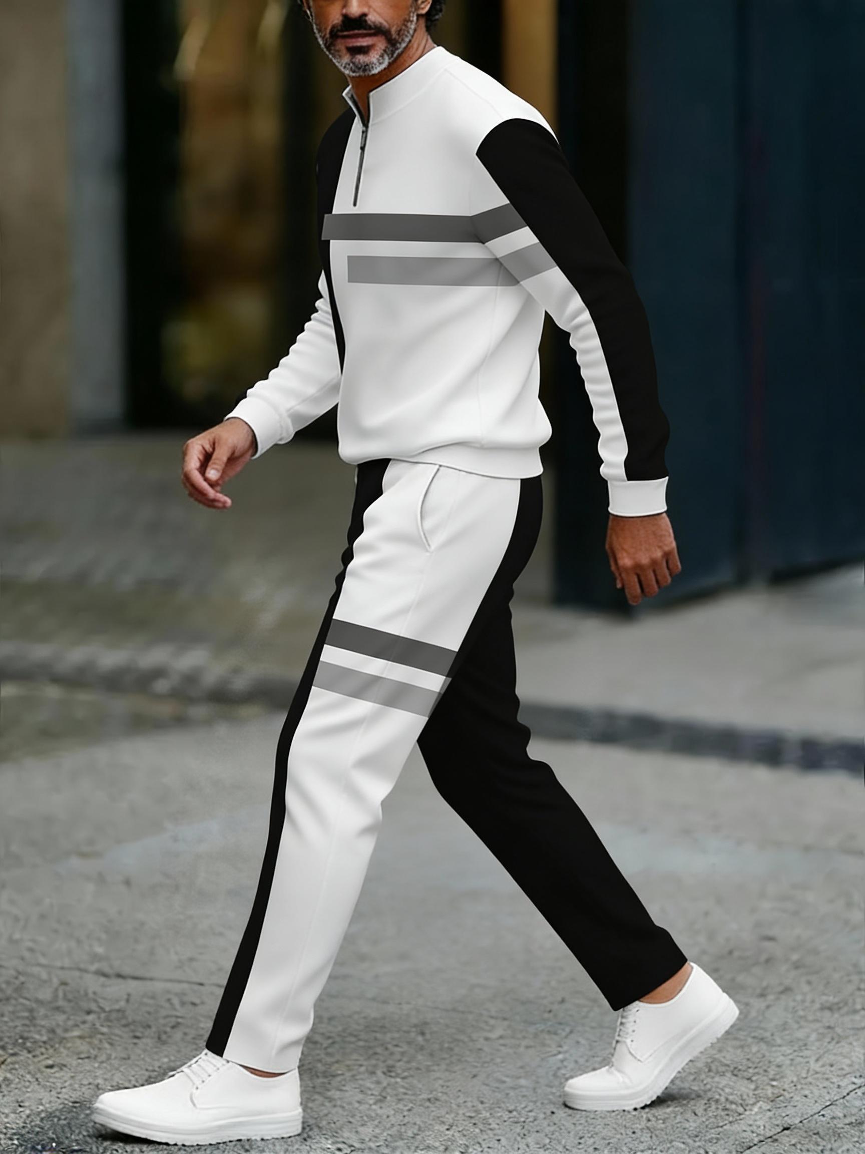 European and American two-piece men's white sports suit |     Geometric stripe design, semi open collar |     High quality polyester fiber fabric, wrinkle resistant and easy to maintain |     Fitness trend, suitable for sports and leisure style