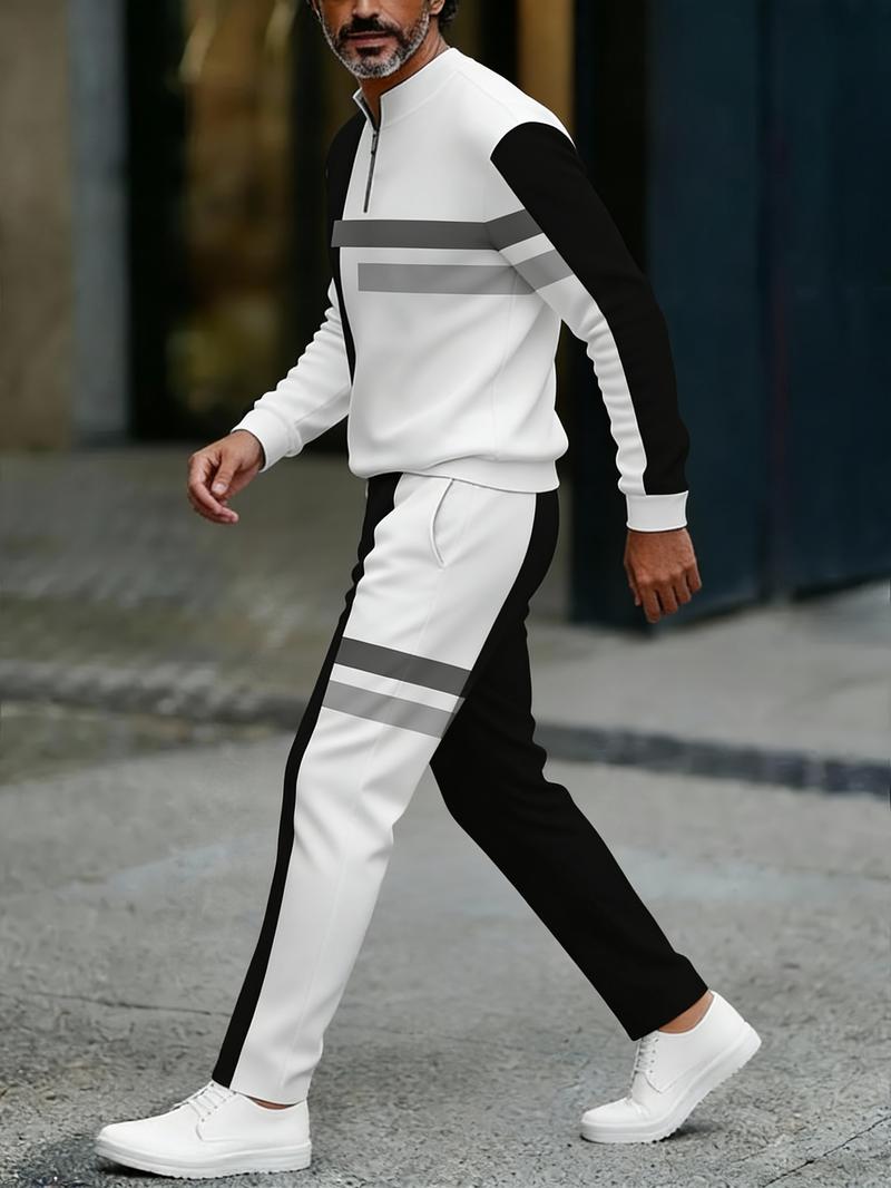 European and American two-piece men's white sports suit |     Geometric stripe design, semi open collar |     High quality polyester fiber fabric, wrinkle resistant and easy to maintain |     Fitness trend, suitable for sports and leisure style