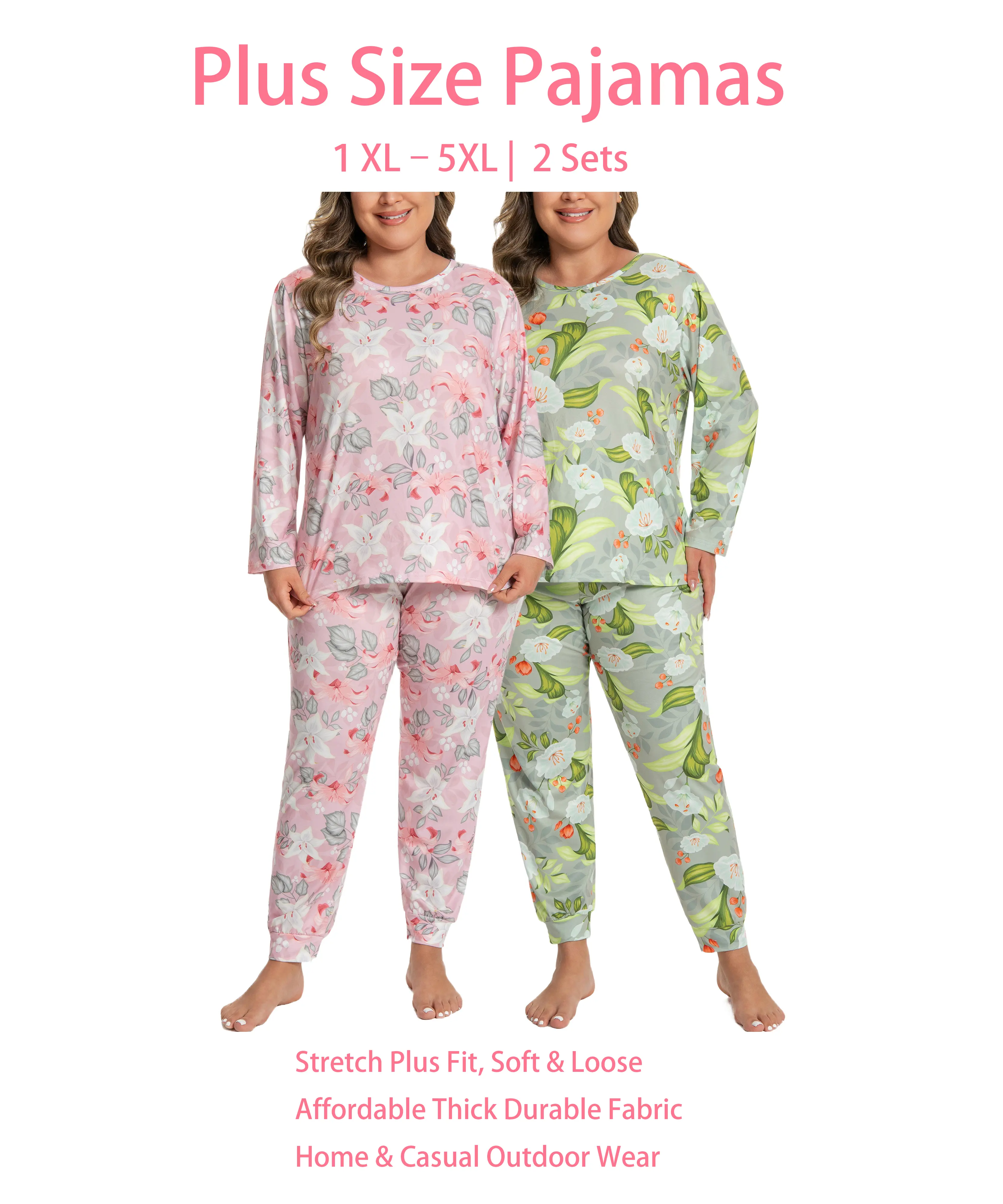 2-Pack Plus Size Floral Cute Pajamas for Women | Long Sleeve Top & Pants Comfy Sets, Soft Polyester Nightwear, Pyjamas, Home Outfits