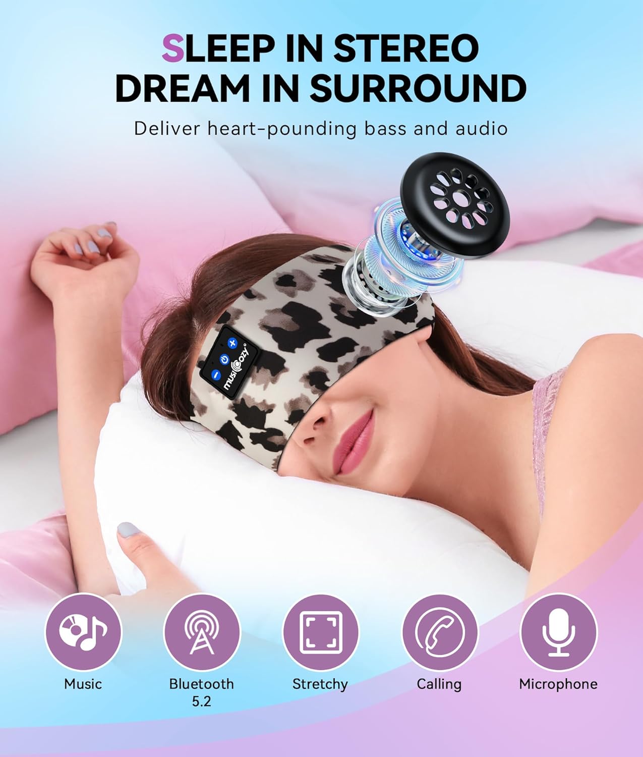 MUSICOZY Bluetooth 5.4 Sleep Headphones Headband,Invisible Earphones, Ultra-Thin HD Stereo Speakers, Noise Cancelling Earplugs, Sweat-Wicking Sports Headband with Leopard Print, Ideal for Side Sleepers, Sleeping, Running, Yoga, Office, Stress Relief