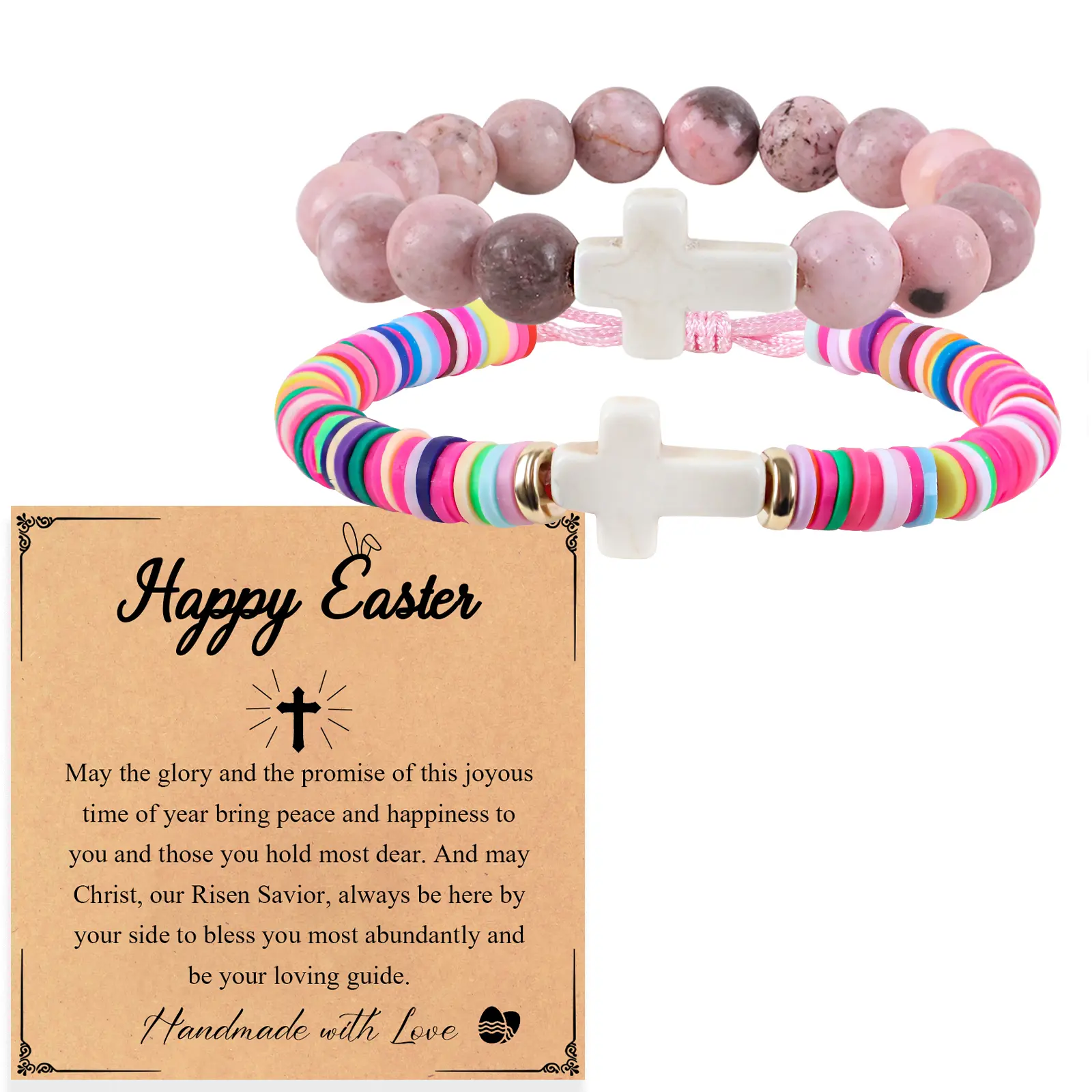 Christian Easter Bracelet Set for Daughter Granddaughter- Adjustable Cross Clay Stone Bead Bracelet, Baptism First Communion Religious Gift
