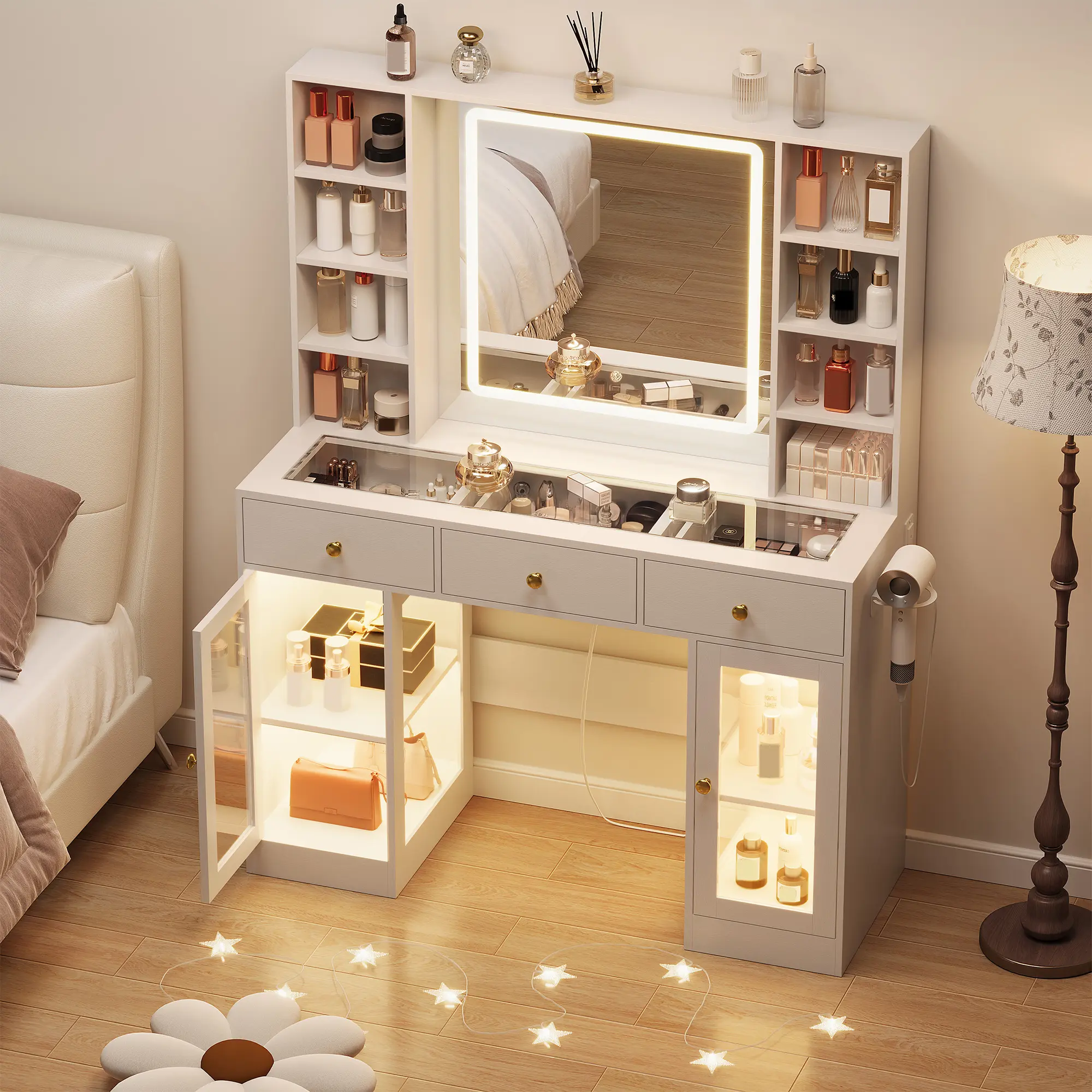 Led Light White Vanity Desk with Mirror and Lights, Glass Top Vanity with Lighted Mirror & RGB Cabinet and 3 Drawers, Dressing Table with 8 Shelves, Modern makeup vanity，Makeup Desk with Lights for Girls Bedroom
