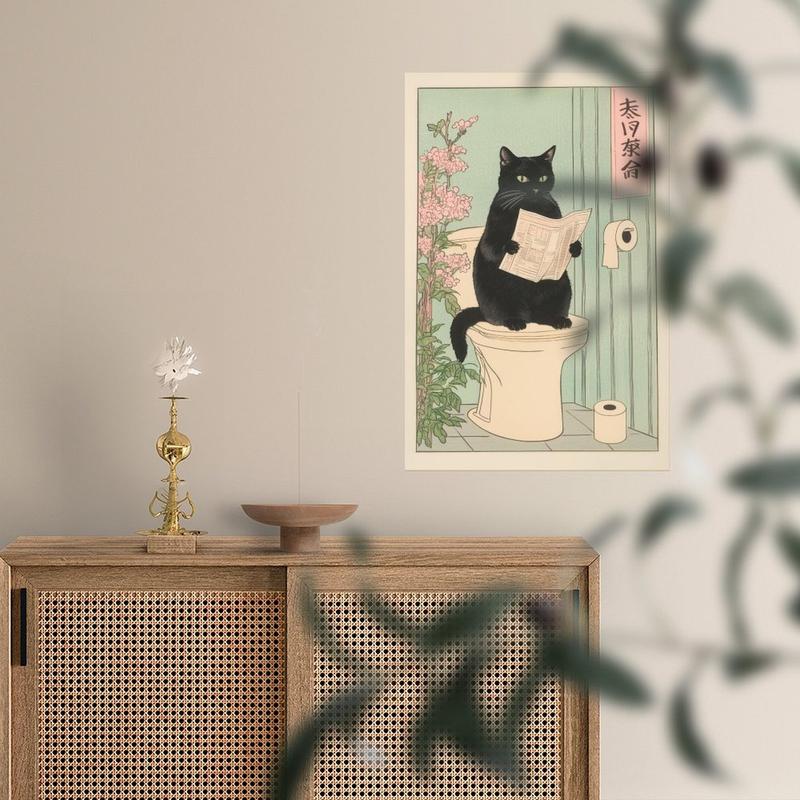 Japanese Black Cat on A Toilet Poster, Funny Bathroom Print, Toilet Poster, Japan Cat Wall Art, Aesthetic Minimalism, Neutral Japandi Print