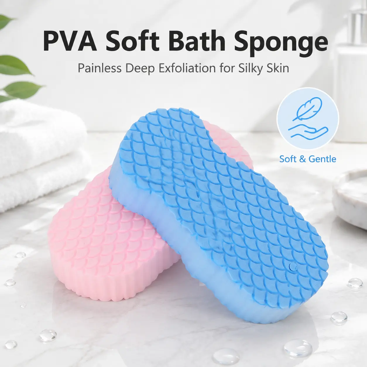 2PCS Exfoliating Bath Sponge, Fish Scale Pattern Deep Cleansing Dead Skin Shower Sponge Super Soft Comfortable Body Exfoliator Sponge with Lanyard for for All Skin Types, Both Men and Women