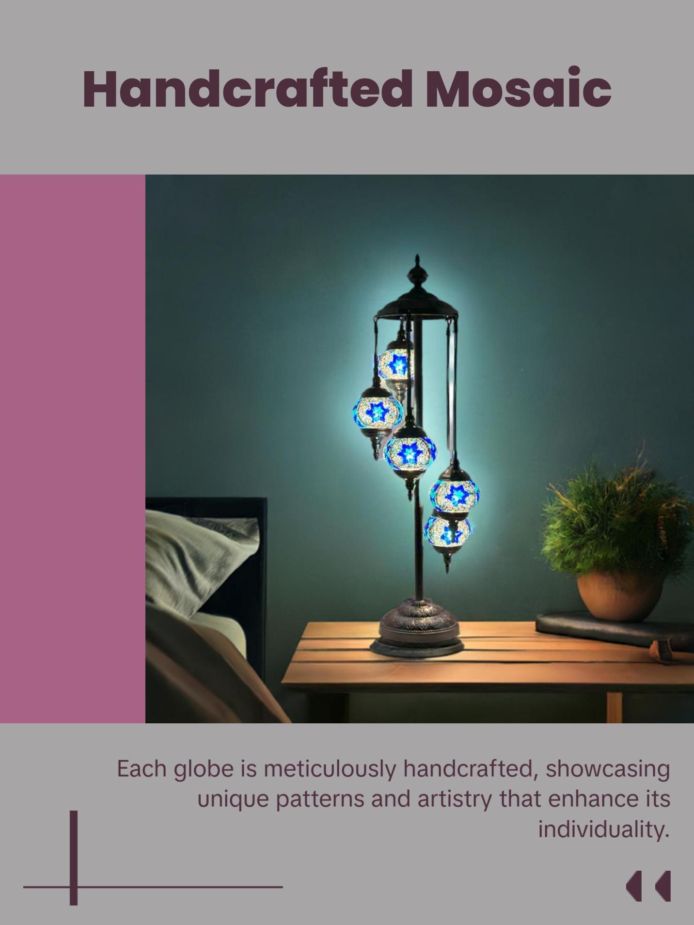 Majestic Blue Turkish Floor Lamp with 5 Mosaic Globes