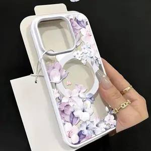 GlamCase Crystal Clear MagSafe Phone Case for iPhone 15 Pro Women's Purple Flowers TPU Anti-Yellowing Military-Grade Drop Proof Local Smartphone e4
