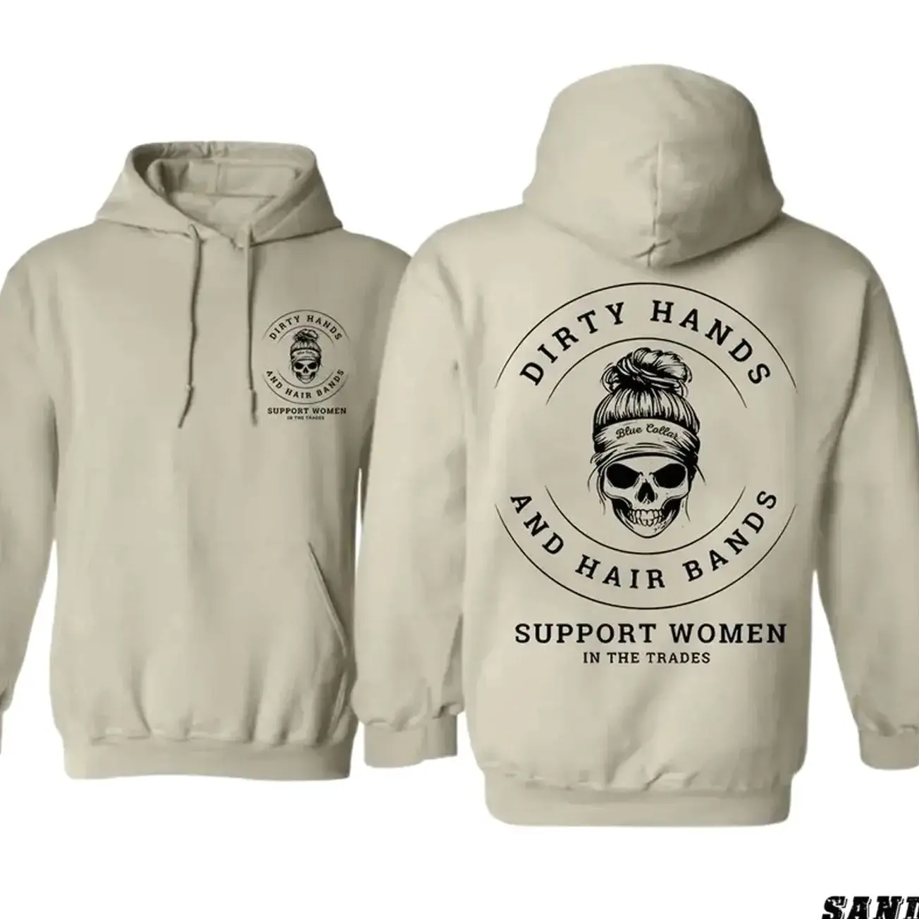 DIRTY HANDS AND HAIR BANDS Skull Blue Collar Hoodie - Support Blue Collar Women  hoodie- Support Women In The Trades - Skilled Trades Cotton
