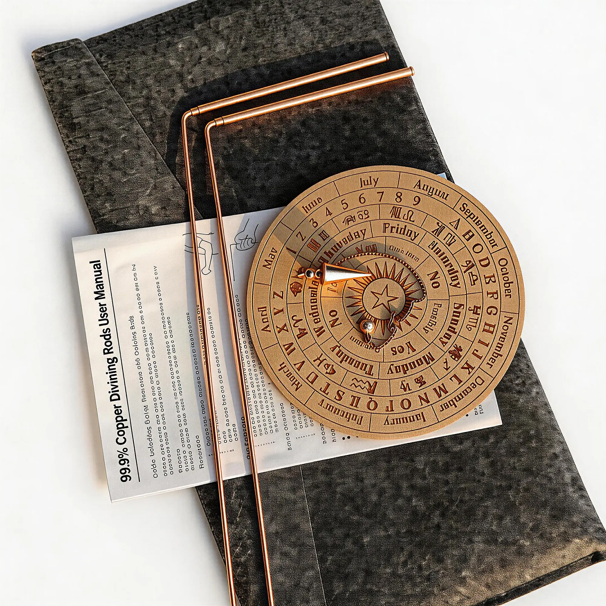 Pure Copper Dowsing Rods Set (99.9% Purity) - 2L Religious Home Decor Spiritual Tool with Storage Pouch, Pendulum Board for Water Line Locating, Zodiac Signs Exploration, Divination Use