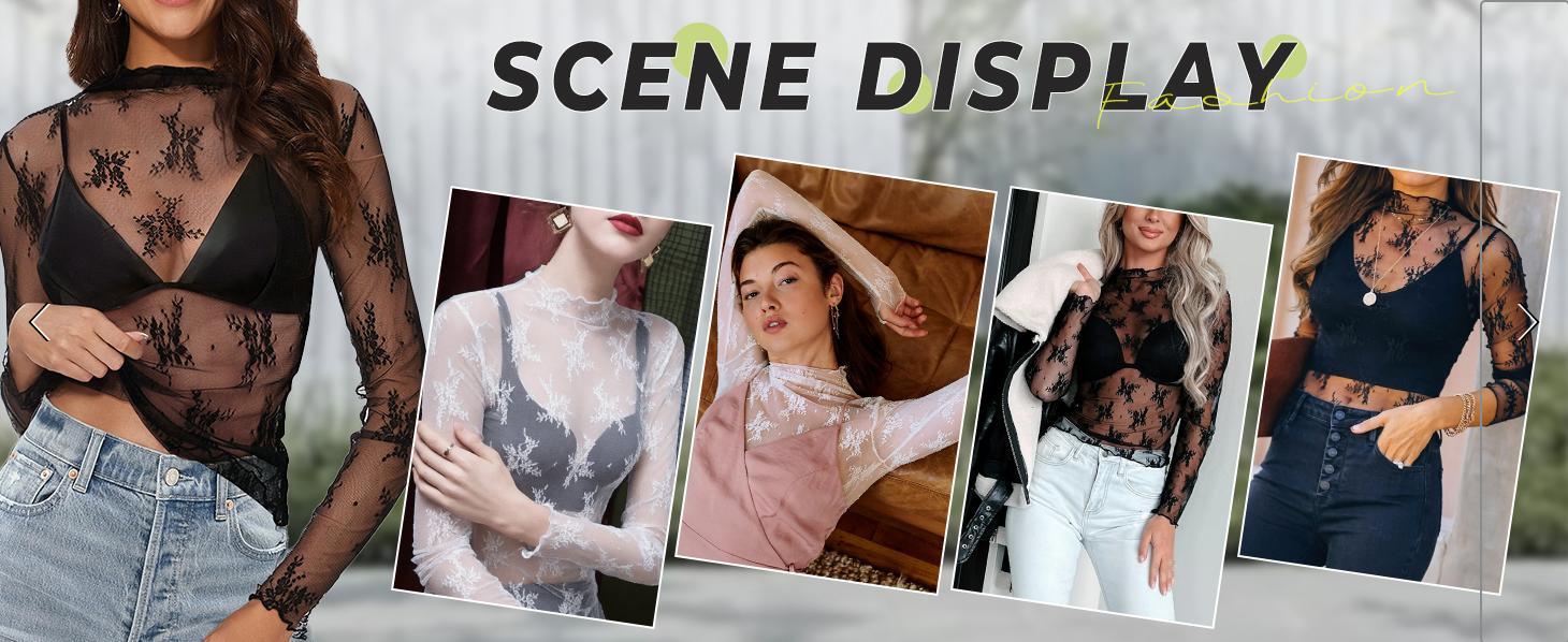 Naeduo Womens Mesh Tops Lace Long Sleeve Mock Neck Blouse Floral Sheer See Through Sexy Tops Shirt with Thumb Hole SpringStatements