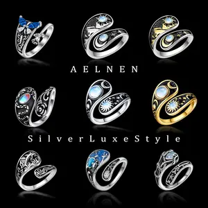 AELNEN S925 Silver Adjustable Sun Spoon Ring for Women - Vintage Celestial Bohemian Style Sterling Silver Jewelry