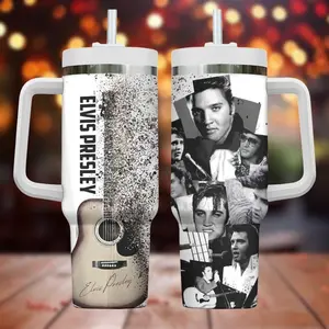 King Of Rock N'Roll 40oz 30oz Tumbler With Handle, Rock And Roll Tumbler, Guitar And Photo Collage Stainless Steel Cup, Gift for Rock Lover