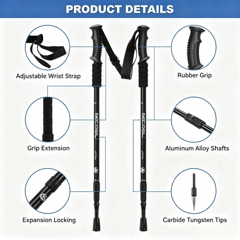 Lightweight Aluminum Trekking Poles, Telescopic Camping Equipment with Adjustable Length Design, Ergonomic Grip & Tungsten Tip for Hiking & Mountain Climbing, Aluminum Alloy