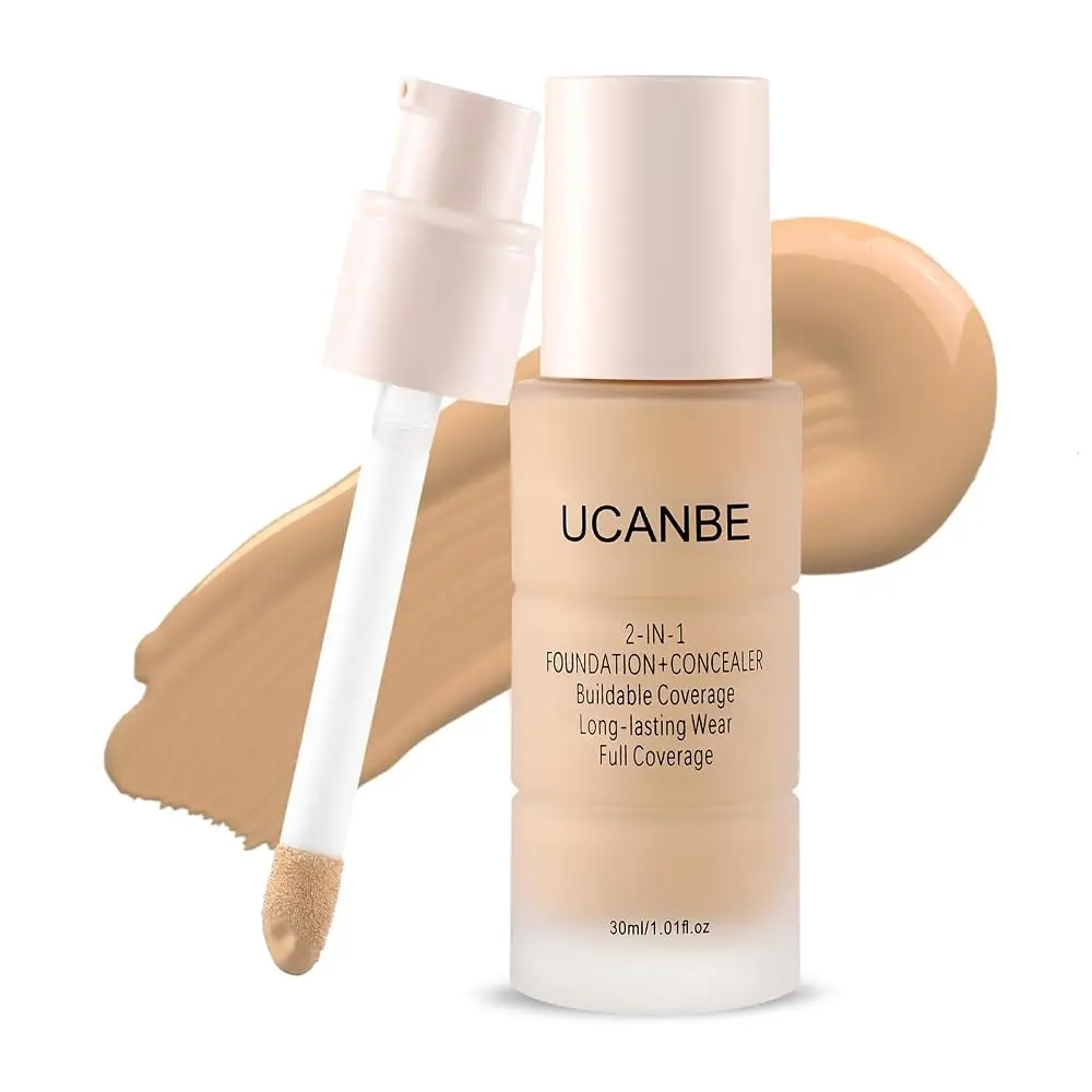 UCANBE 2-in-1 Foundation & Concealer (01 Fair Ivory) - Full Coverage Matte Pump Makeup, Hyaluronic Acid, Long-Lasting Waterproof Transfer-Proof, Gluten & Fragrance Free, for Oily Skin, Uneven Skin Tone, Dark Circles Treatment, Natural Look Beauty Products