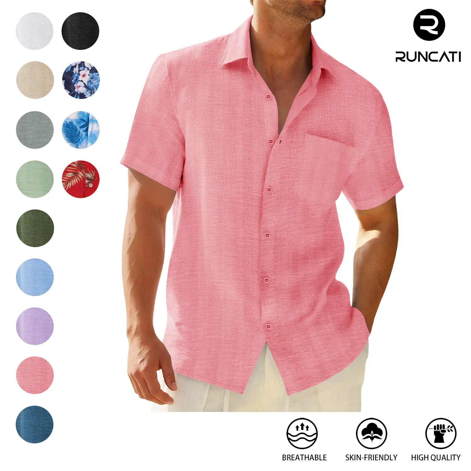 Runcati Mens Button Down Shirts Casual Short Sleeve Shirt Textured Summer Beach Tops with Pocket