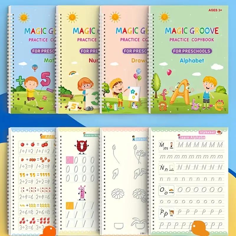 Magic Practice Scribe Book Set, 4 Counts/set Reusable Number & Letter & Math & Drawing Practice Scribe Book with 1 Pen, 6 Refill & 1 Pen,mess free and useful