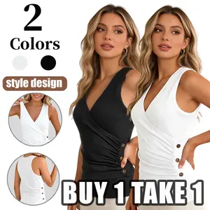 Womens V Neck Ribbed Tank Top with Button Detail Slim Fit Sleeve Workout Crop Top Soft Ribbed Fabric High Stretch Comfortable Casual Womenswear