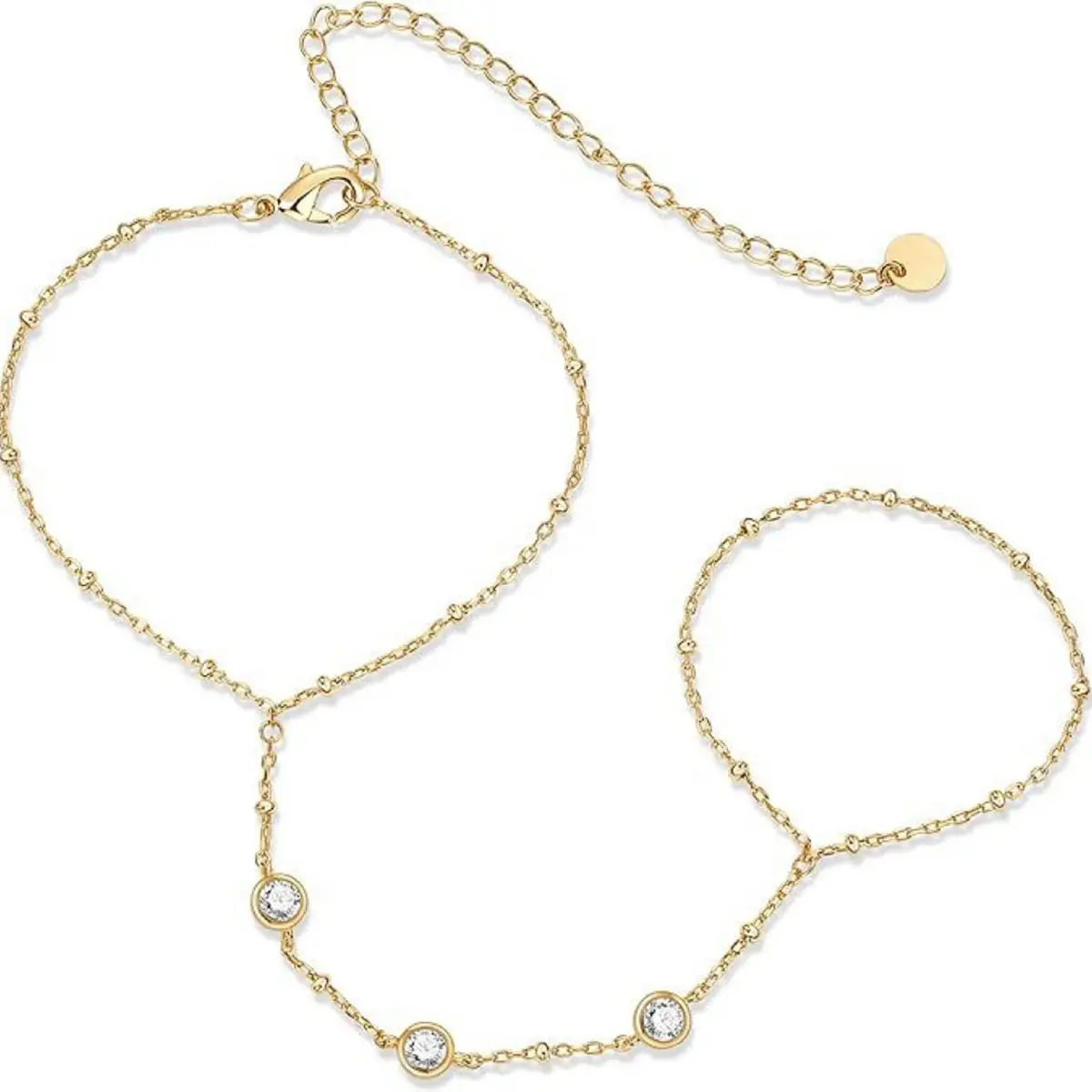 Women's Premium Gold-Plated Hand Chain with Ring, Bohemian Rhinestone Finger Bracelet, Lightweight & Adjustable for Festivals, 60Mm Finger Loop, 6G, Wrist + Finger