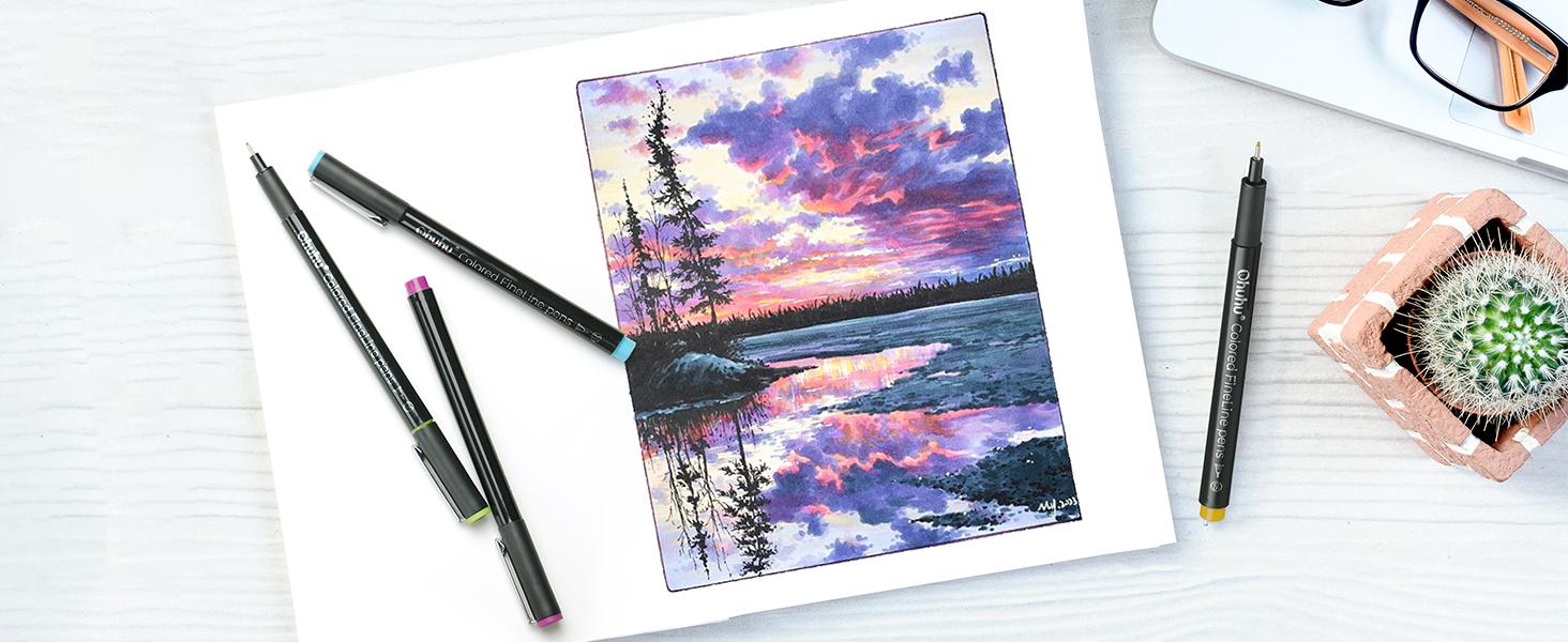 Ohuhu Colored Fineliner Drawing Pens: 18 Packs Fineliners - 11 Colored Pens & 7 Assorted Point Sizes Black Micro Pen Waterproof for Drawing Sketching Anime Manga Artists Beginners - Hana Highway Series of Ohuhuart