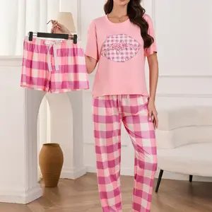 Women’s 3-Piece Pajama Set – Pink Lip Print T-Shirt and Checkered Shorts + Checkered Long Pants, with Elastic Waistband and Bow Decoration, Casual Comfortable Soft Loungewear – Women’s Clothing