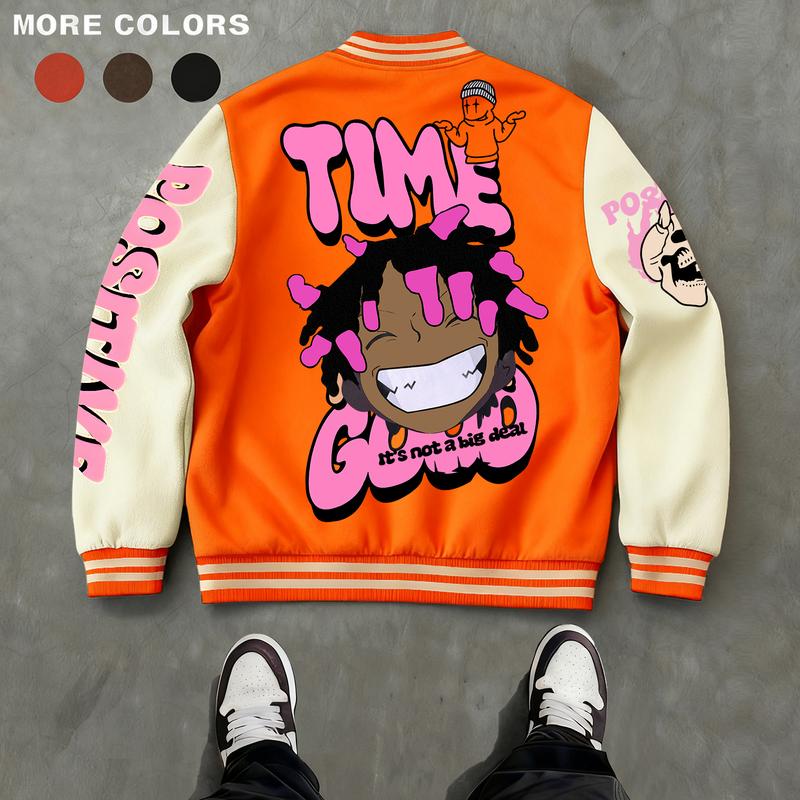 Men's Baseball Jacket Polyester Durable Wind-Resistant Orange & Apricot Colorblock Money, BOY, Rabbit, "$" Graphic Varsity Coat Y2K Vintage Retro Classic Old-School Casual Sports SWAG Streetwear Light Fleece-Lined Winter Jacket Trendy Gift for Boyfriend