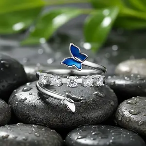 S925 Sterling Silver with Twin Butterfly Ring Blue Butterfly Wrap Ring with Sparkling Stones – S925 Sterling Silver Adjustable Ring Sparkle vibes with 5 Cubic Zirconia Accent, Daily Wear Jewelry for Women anniversary christmas gift