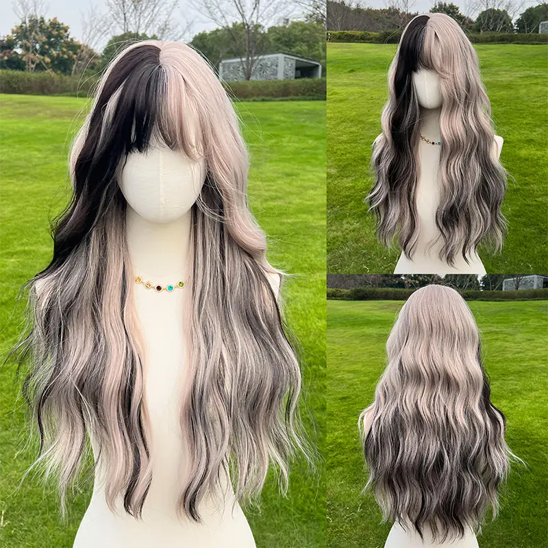 SMILCO/28Inch Highlight Black and Grayish-pink with Bangs Synthetic Hair For Halloween/Cosplay /SM391