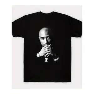 Tupark Shakur Inspired Men's Cotton T-Shirt - Casual Round Neck, Short Sleeves, Geometric Pattern, Machine Washable