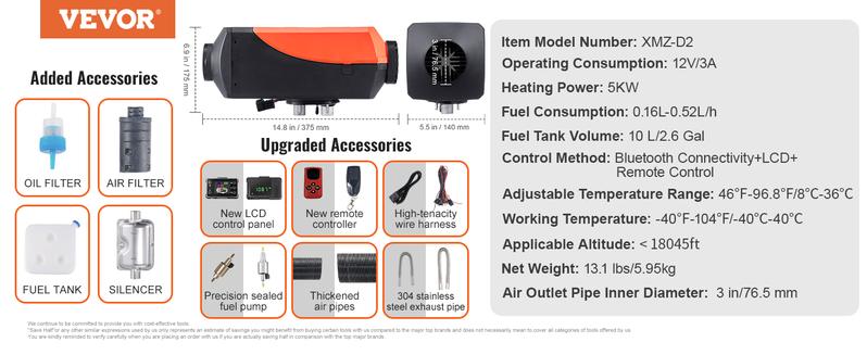 VEVOR Diesel Air Heater, TikTokShopBlackFriday, 12V 8KW Separated Portable Parking Heater with Bluetooth App and LCD, Automatic Altitude Adjustment Max 18045 ft,  Fast Heating Low Noise, Diesel Heater for Truck RV Trailer Camper Van Boat and Indoors