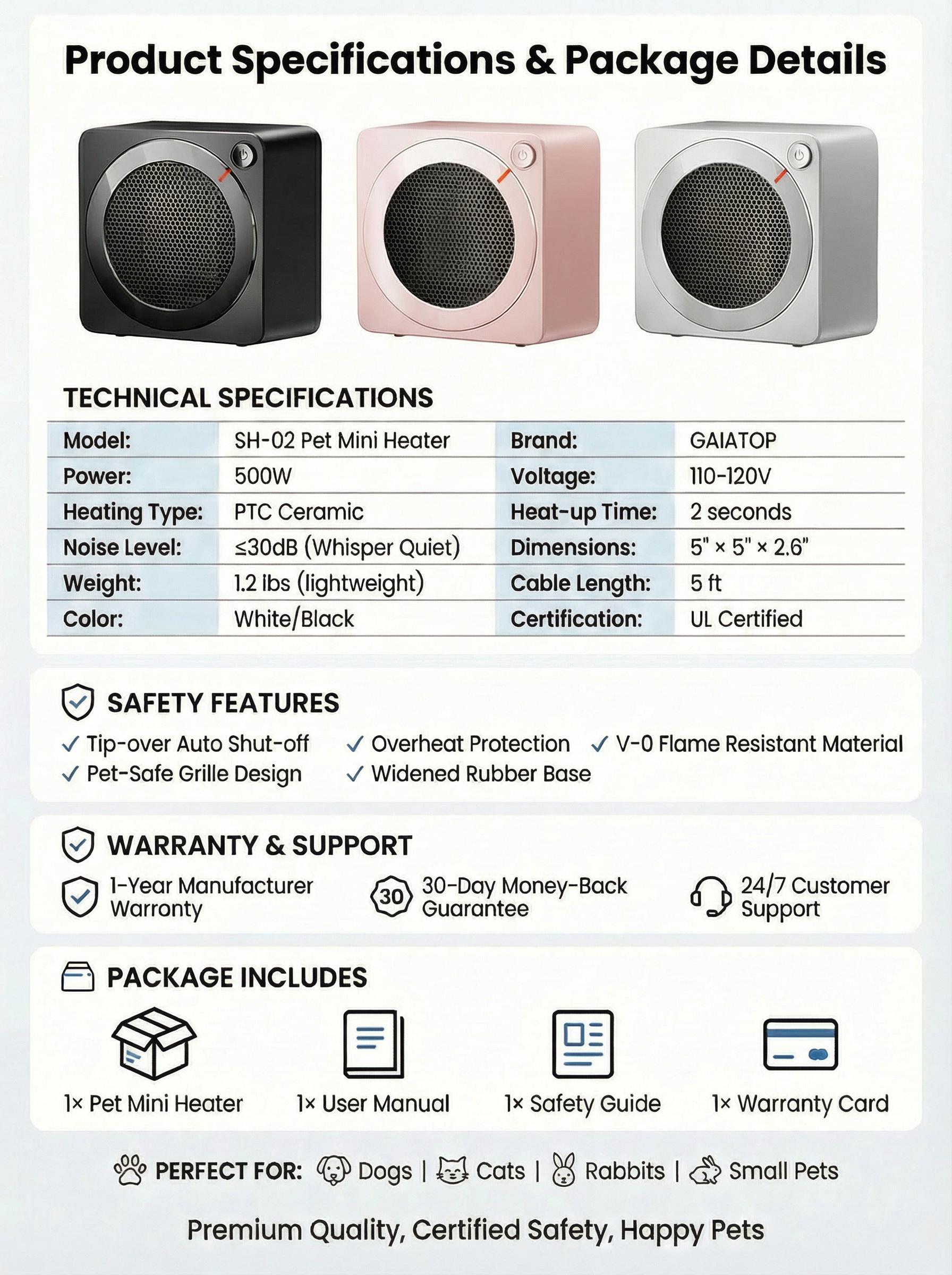 GAIATOP Space Heater for Office Desk & Pets, 500W Mini PTC Ceramic Heater for Bedroom, Cat & Dog House, 30dB Whisper Quiet, Tip-Over Protection, Pet-Safe Portable Heater for Cold Hands, Feet & Crates Adjustable Heating Home Appliances