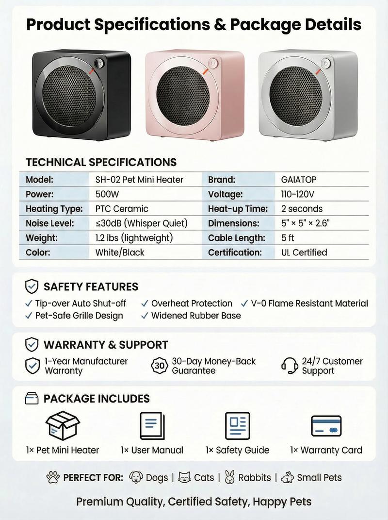 GAIATOP Space Heater for Office Desk & Pets, 500W Mini PTC Ceramic Heater for Bedroom, Cat & Dog House, 30dB Whisper Quiet, Tip-Over Protection, Pet-Safe Portable Heater for Cold Hands, Feet & Crates Adjustable Heating Home Appliances