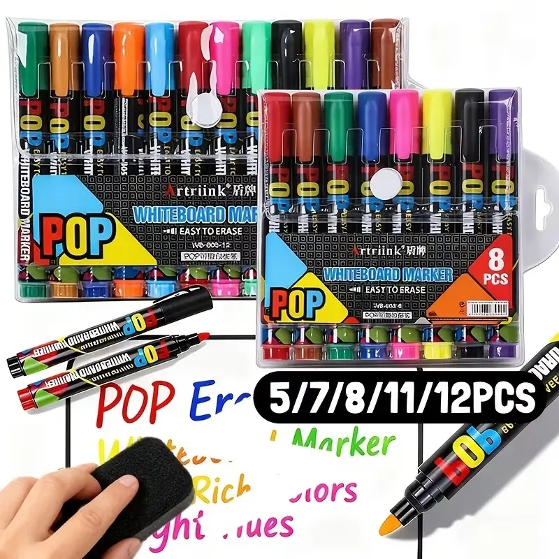 8/12 Colors Dry Erase Markers Set, Vibrant Fluorescent Whiteboard Pens, Writing Stationery, Easy Wipe off & Smooth Writing, Back to School Supplies, Art Creation Supplies, Bulk Markers