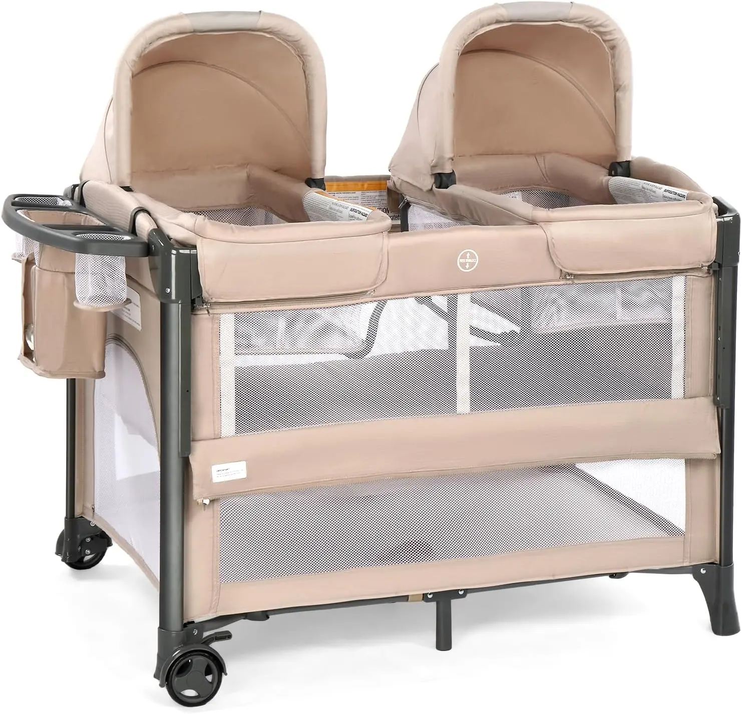 JOYMOR Twin Bassinet for Baby, Bedside Bassinet, Convertible to Bedside Sleeper & Playpen Foldable Portable Sleeping Cot with Wheels & Brake