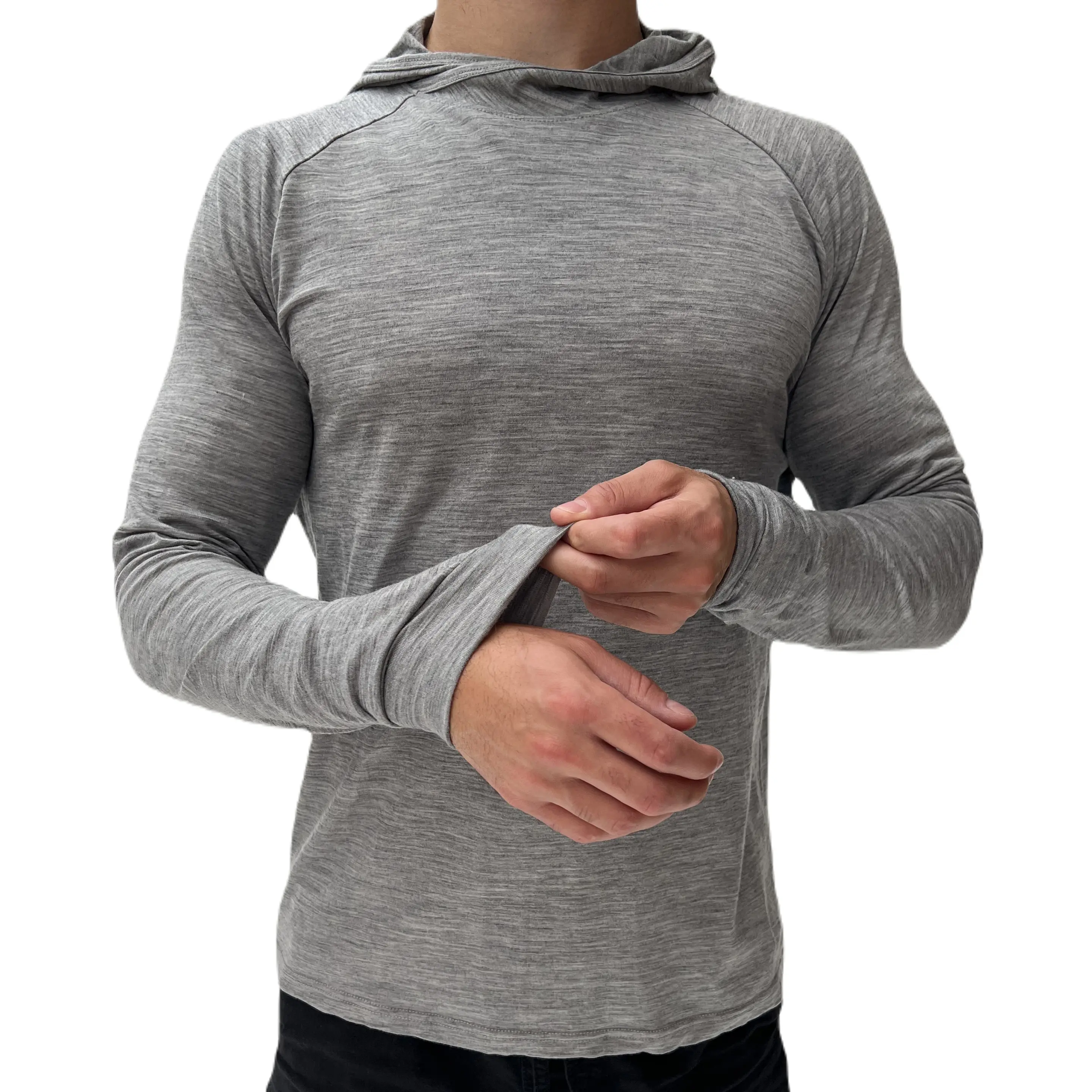 100% Merino Wool Sun Shirt Hoodie Menswear Sweaters Tops Long Sleeve Outdoor Breathable Fabric Day Natural Thin Soft Pullover with UV Protection & Odor-Resistant